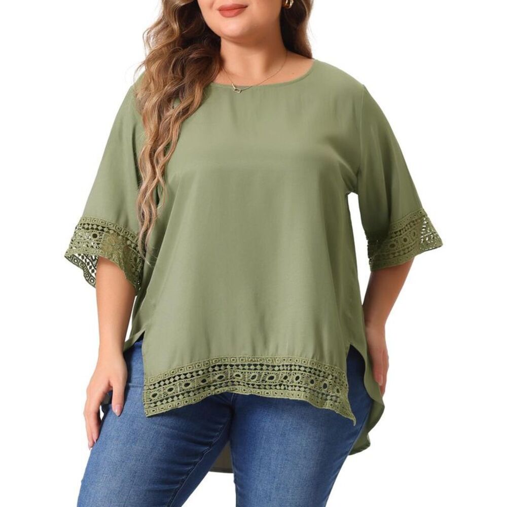 Women's Plus Size Lace Crochet Short Sleeve Blouse Army Green 4X